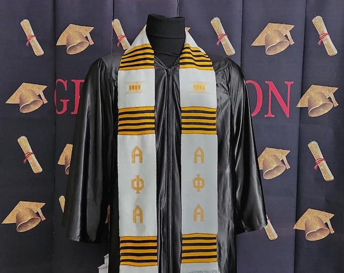 Alpha Phi Alpha White Kente Stole- Gold Letters