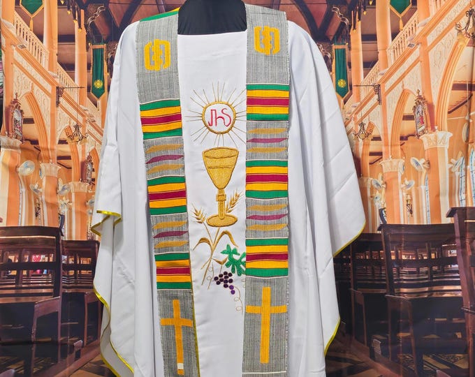 White and Light Gray Kente Priest Stoles. Cross