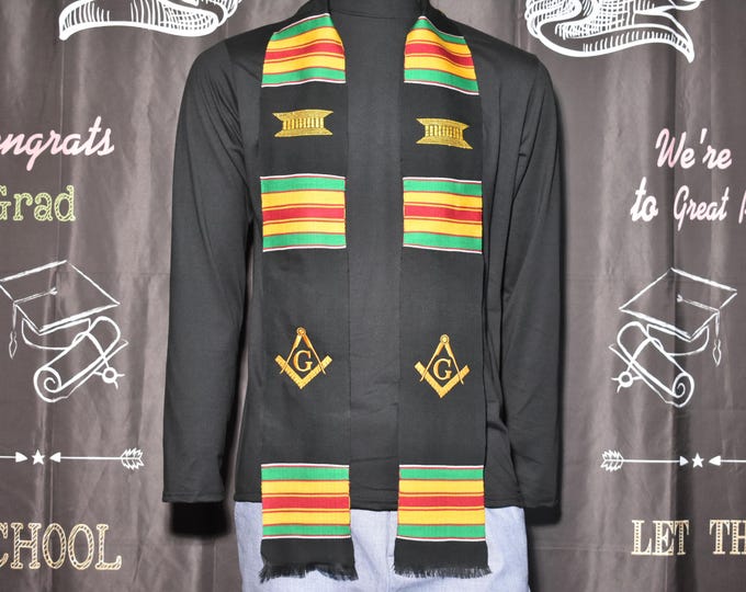 Masons Kente Stoles. Traditional Black Kente. Two Symbols.