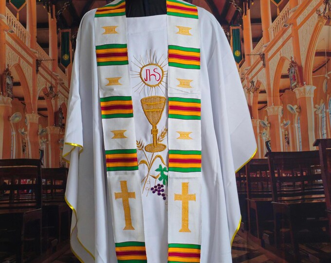 Traditional White Kente Priest Stoles. Stools