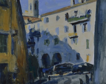 Original Oil Painting, Cityscape, Nice, France, Old Town, par Robert Lafond