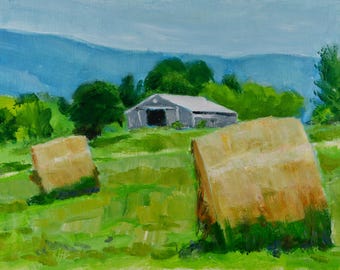 Original Oil Painting, Plein Air, Hay Bales, Berkshires, Farm, by Robert Lafond