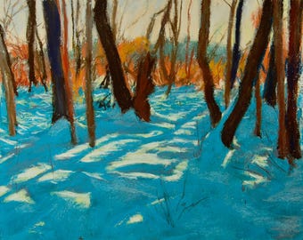 Original Pastel Painting , Snow, Woods, Early Morning, Winter Landscape by Robert Lafond