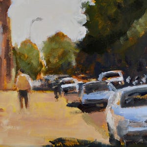 May include: A painting of a street scene with cars parked on the side of the road. There is a person walking in the street and trees in the background.