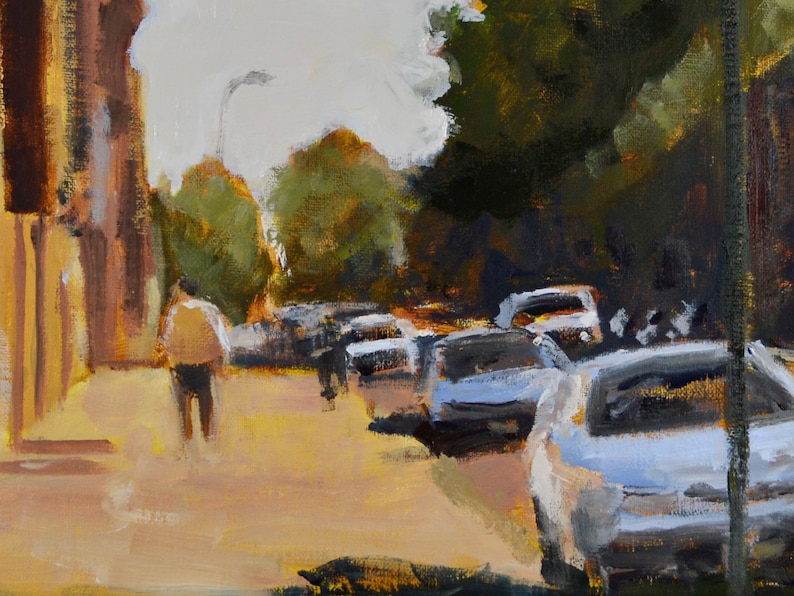 May include: A painting of a street scene with cars parked on the side of the road. There is a person walking in the street and trees in the background.