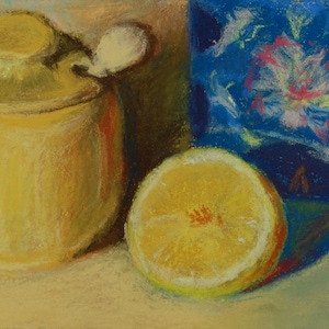 Framed Still Life Pastel Painting: Lemon, Honey, Ceramic (5x7 in)
