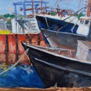 Original Oil Painting, Plein Air, Gloucester, Rocky Neck, Boats, Marine Railways, by Robert Lafond