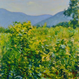 May include: A painting depicting a landscape with a field of green and yellow foliage in the foreground and a range of blue mountains in the background.