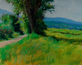 Original Pastel Painting, Berkshire Landscape, Country Road, Field, Tree by Robert Lafond