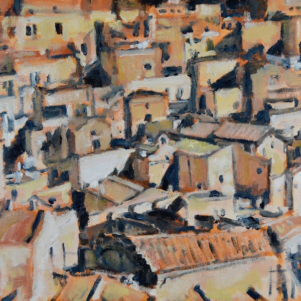 Origineel olieverfschilderij, stadsgezicht, Matera, Italië, stedelijk landschap, door Robert Lafond