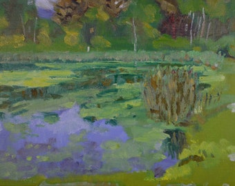 Original Oil Painting, Plein Air, Berkshires, Pond, Field Farm, Landscape  by Robert Lafond