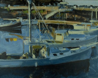 Original Oil Painting, Ogunquit, Maine, Fishing Boats, Perkins Cove, by Robert Lafond