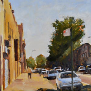 May include: A painting of a city street scene with a yellow building on the left, a tree in the middle, and cars parked on the right. The sky is a light blue color.