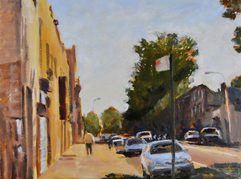 May include: A painting of a city street scene with a yellow building on the left, a tree in the middle, and cars parked on the right. The sky is a light blue color.