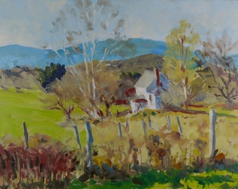 Original Oil Painting, Berkshire Landscape, Mountains, Farmhouse, Autumn, by Robert Lafond