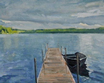 Original Oil Painting, Caspian Lake, Vermont, Greensboro, Boat, Dock, by Robert Lafond