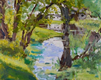 Original Oil Painting, Plein Air, Pond, Reflections, Willow Tree, Landscape, by Robert Lafond