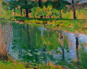 Original Oil Painting, Plein Air, Pond, Reflections, by Robert Lafond