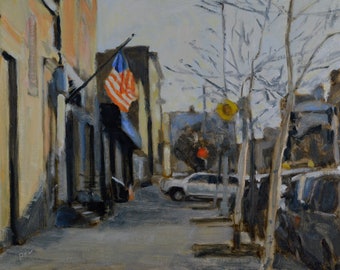 Original Oil Painting, Cityscape, Brooklyn, Grand Avenue, Urban Landscape, Flag,  by Robert Lafond