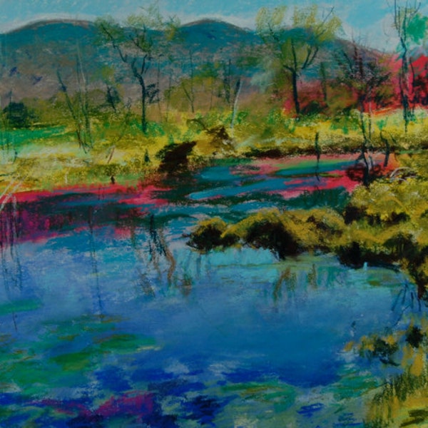 Original Pastel Painting, Berkshire Landscape, Pond, Field Farm by Robert Lafond