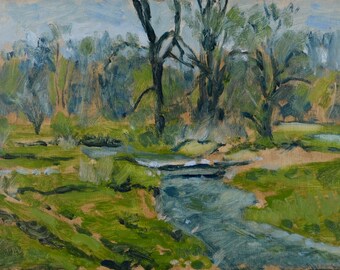 Pintura al óleo original, Plein Air, Berkshire Landscape, Stream, Foot Bridge, por el artista Robert Lafond