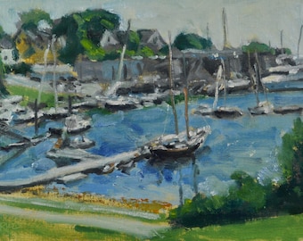 May include: Oil painting depicting a harbour scene with sailboats and docks. The water is a vibrant blue, reflecting the sky and boats. Green trees and buildings line the background, creating a serene coastal landscape.