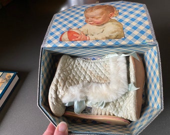 Vintage Baby Case with Leather Bottom Booties Hair Brush Comb Name Tag History