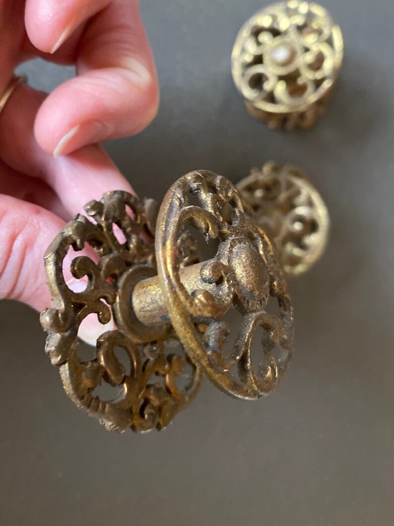 3 Vintage Ornate Brass Drawer Pulls Knobs Cupboard Chest