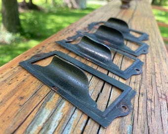 4 Vintage Salvage Copper Label Drawer Pull Card Catalog Handle Hardware Black Finish