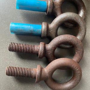 May include: Four rusty metal eye bolts with threaded shafts. The top two eye bolts have blue plastic caps on the shafts. The bottom two eye bolts have threaded shafts.