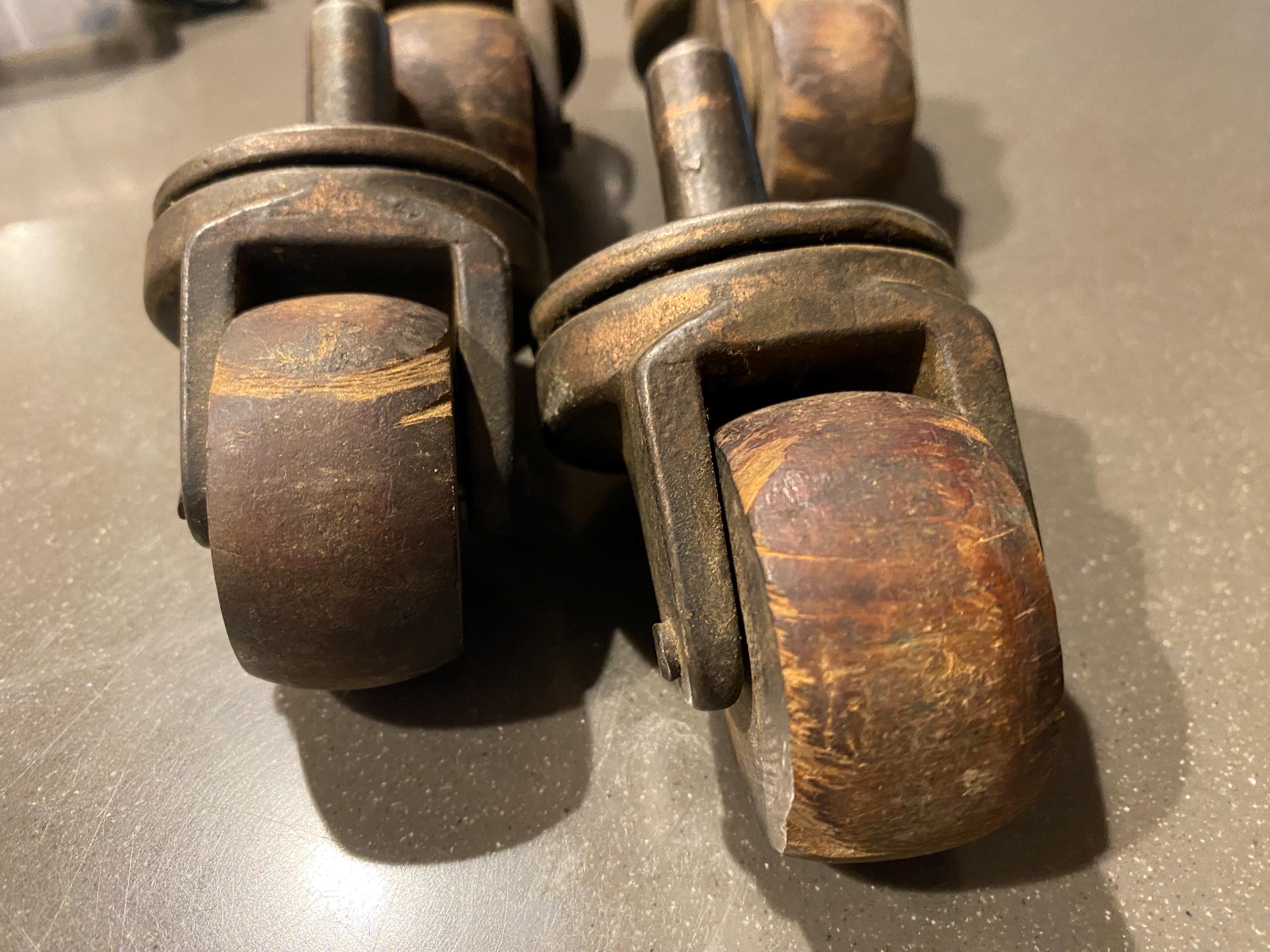 4 Antique Swivel  Wood & Cast Iron Casters with Rare Disk Bearings Wheels Furniture Cabinet Industrial Cart