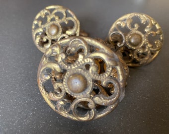 3 Vintage Ornate Brass Drawer Pulls Knobs Cabinet Cupboard Chest Salvage