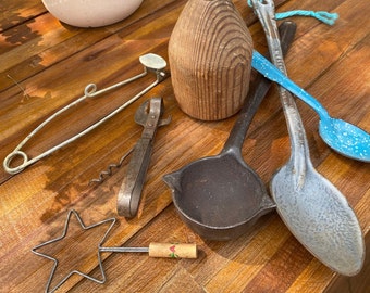 Antique Kitchen Tool Lot: Wood Pounder, Cast Iron Ladle, Enamelware Spoons
