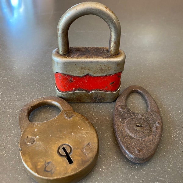 Lot 3 Vintage Salvage Locks, Padlocks- Brass, Rusty Metal, No Keys. Reclaim Repurpose Refurbish!