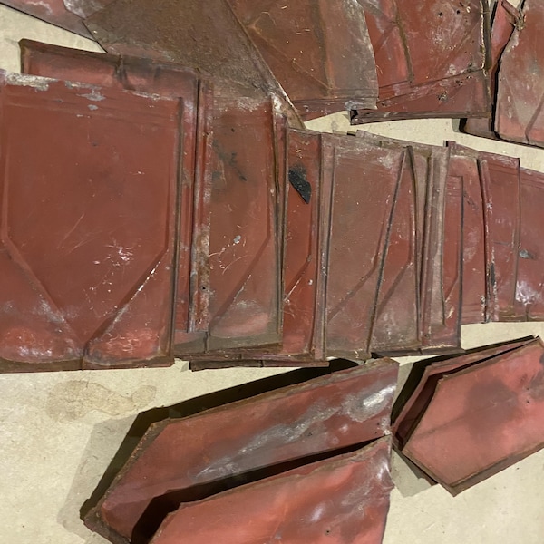 Lot of 19 Plus Vintage Tin Metal Barn Roof Panels Reclaimed Salvage 13"x9" Faded Red -Repurpose Art Craft