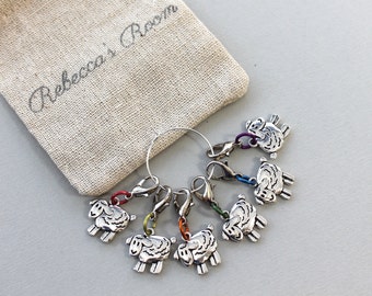 Set of 6 sheep stitch markers for knitting & crochet with hand stamped linen bag  - RAINBOW SHEEP - knitting markers, sheep charm, crochet.