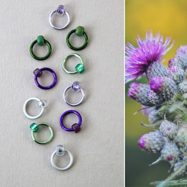 THISTLE Stitch markers for knitting, notions.  Fits up to 4.5mm (US 7) needle. Knitting supplies, knitting tools, snag free.