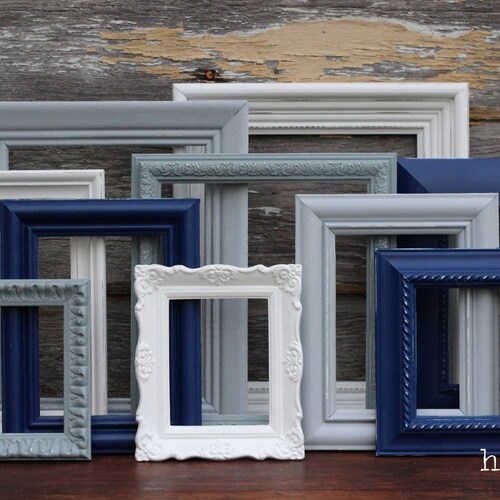Navy Blue, Grey, White Picture Frames / Upcycled Distressed Picture Frame Set / Nursery Decor / Gallery Wall Frame Set / Skyline Collection