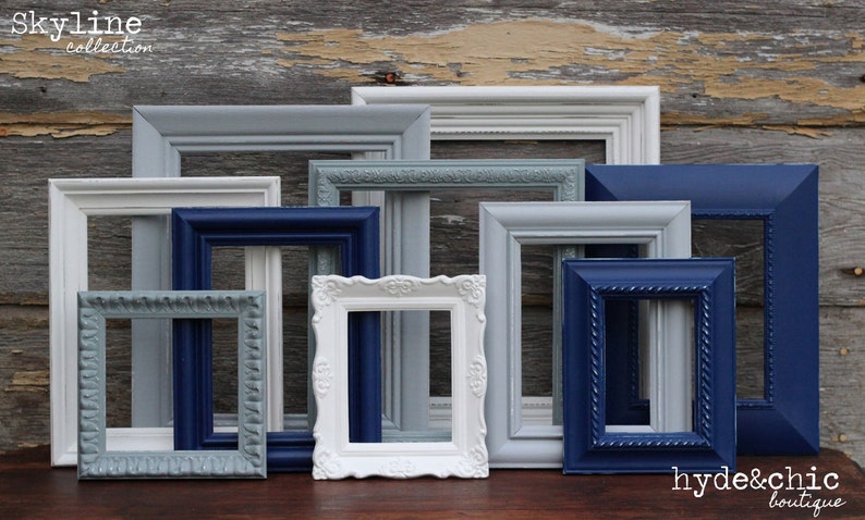 Navy Blue Grey White Picture Frames Upcycled Distressed Image 0