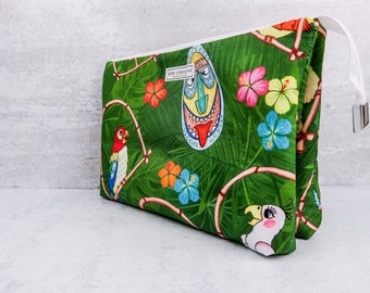 Triple Threat Pouch - Ultimate Bag, Makeup, and Craft Organizer in Tiki Room Parrots Green