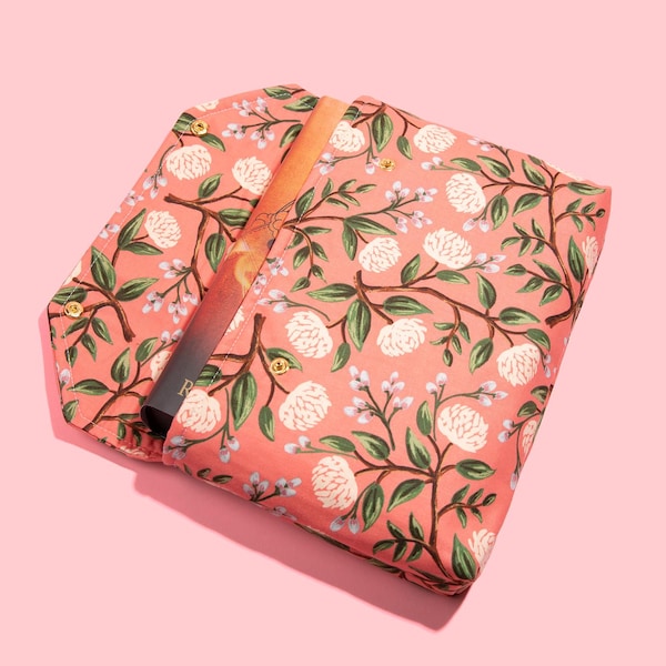 Envelope Book Sleeve with Closure Full Cover Book High End Custom Gift BookTok Floral Designer Rifle Paper Co Fabric Wildwood Peonies Pink
