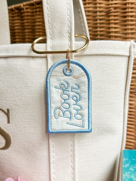 Book Lover Embroidered Keychain, Bookish Bag Charm, Embroidered Bag Tag, Bookworm Gift, Reader Gift, Book Club Gift, Oval Carabiner Clip