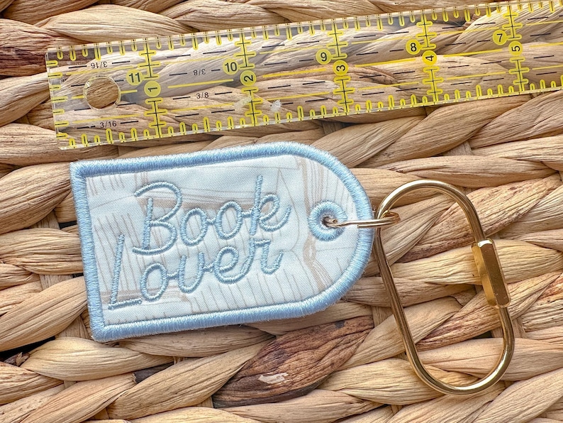 Book Lover Embroidered Keychain, Bookish Bag Charm, Embroidered Bag Tag, Bookworm Gift, Reader Gift, Book Club Gift, Oval Carabiner Clip