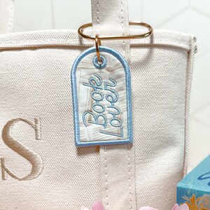 Book Lover Embroidered Keychain, Bookish Bag Charm, Embroidered Bag Tag, Bookworm Gift, Reader Gift, Book Club Gift, Oval Carabiner Clip