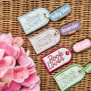 Book Lover Embroidered Keychain, Bookish Bag Charm, Embroidered Bag Tag, Bookworm Gift, Reader Gift, Book Club Gift, Oval Carabiner Clip