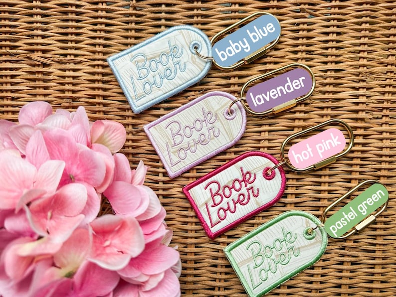 Book Lover Embroidered Keychain, Bookish Bag Charm, Embroidered Bag Tag, Bookworm Gift, Reader Gift, Book Club Gift, Oval Carabiner Clip