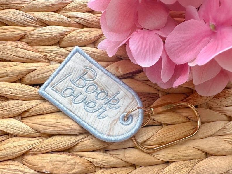 Book Lover Embroidered Keychain, Bookish Bag Charm, Embroidered Bag Tag, Bookworm Gift, Reader Gift, Book Club Gift, Oval Carabiner Clip