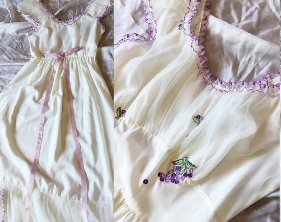 Vintage 60s Chiffon Dress with Floral Embroidery