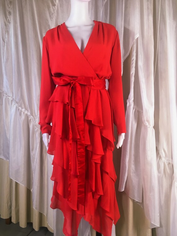 1980s Estevez Red Ruched Party Cocktail Dress