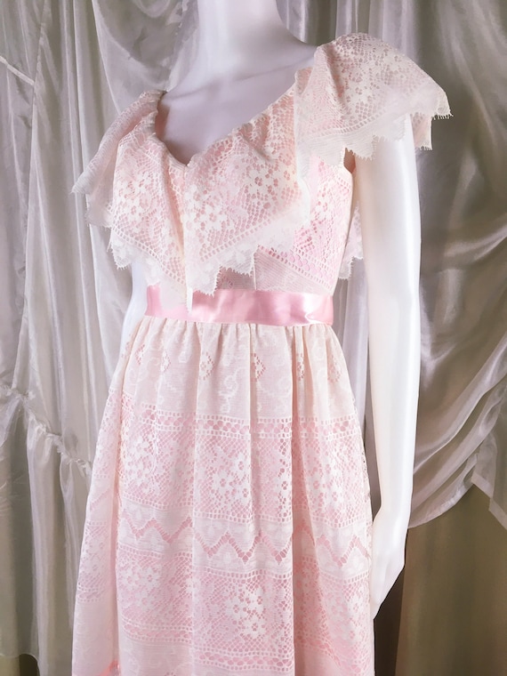 Vintage 1970s Pink Lace and Ribbon Maxi Dress